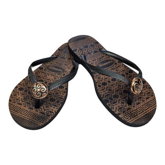 Havaianas Shoes - Havaianas Slim Special Collection Flip Flops, Black & Gold, Size 6